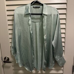 ZARA Satin Button-Down Shirt in Mint Green